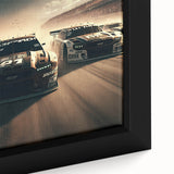Extra large framed canvas of colorful race cars on a black background, textured art ideal for living room decor.