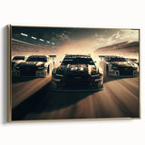 Vintage poster art of race cars in black and gold tones on a framed canvas, ideal for bedroom wall decor.