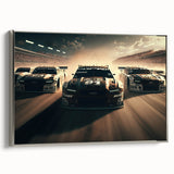 Vintage poster art of colorful race cars in motion on black background, framed canvas, suitable for a game room.