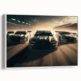 Vintage poster art of a race car in vibrant colors on a large framed canvas, ideal for living room decor.