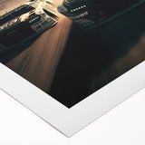 Art deco poster featuring a lineup of vintage race cars in vibrant colors on rolled canvas, suitable for dining room decor.