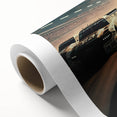 Art deco poster of race cars in vibrant primary colors on rolled canvas, ideal for nursery wall art.