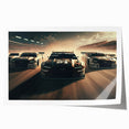 Art wall featuring a dynamic race car scene in vibrant colors on a rolled print, suitable for dining room decor.