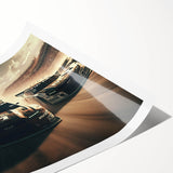 Extra large wall art featuring a collection of race cars in vibrant colors on a rolled print.