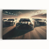 Black and white photo of race cars in motion on a stretched canvas, suitable for kitchen wall art.