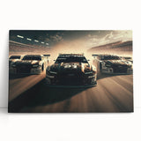 Black and white photo of race cars in motion on stretched canvas, suitable as large art for kitchen or bedroom.