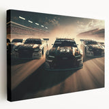 Colorful race car image on stretched canvas, vibrant with racing motifs, suitable for kitchen wall art.