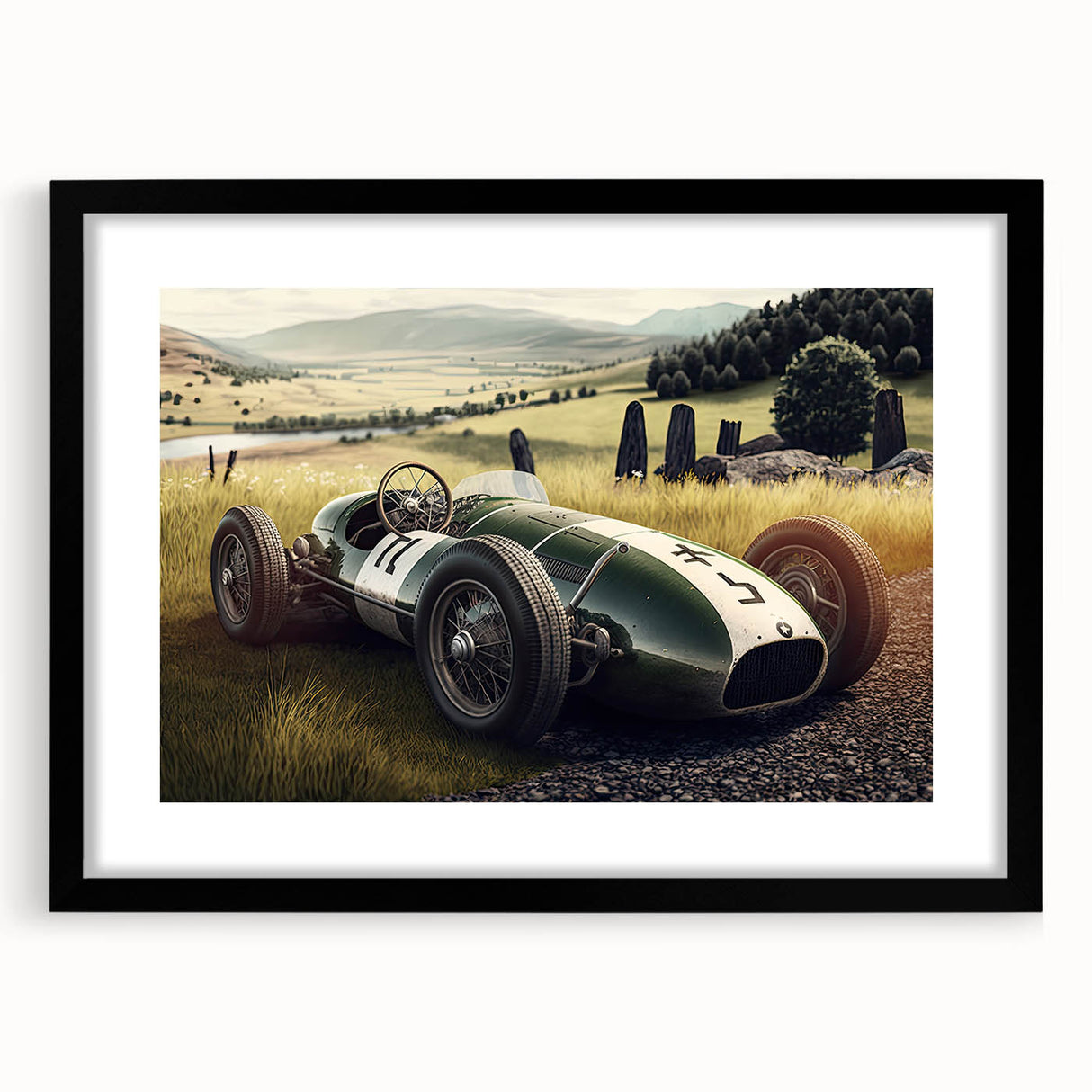 Extra large abstract art print featuring a colorful, textured depiction of race cars on a black framed canvas.