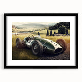 Extra large abstract art print featuring a colorful, textured depiction of race cars on a black framed canvas.