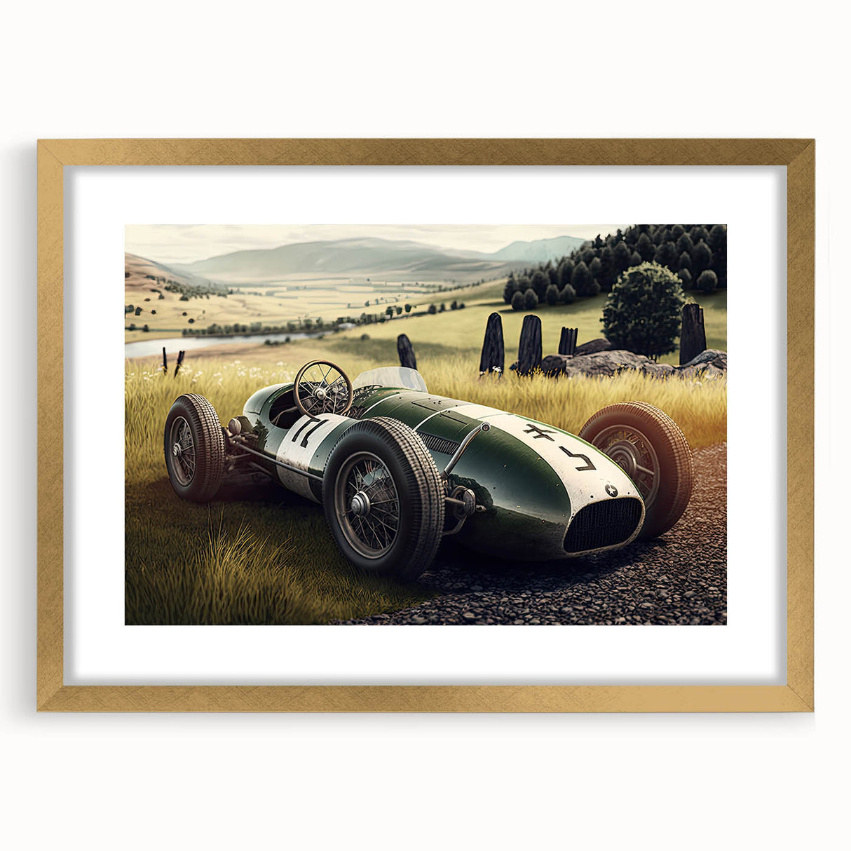 Extra large wall art depicting abstract race cars in textured gold and black tones, ideal for living room decor.