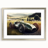 Textured art print of abstract race cars in silver and black tones, framed in silver, suitable for bedroom wall decor.