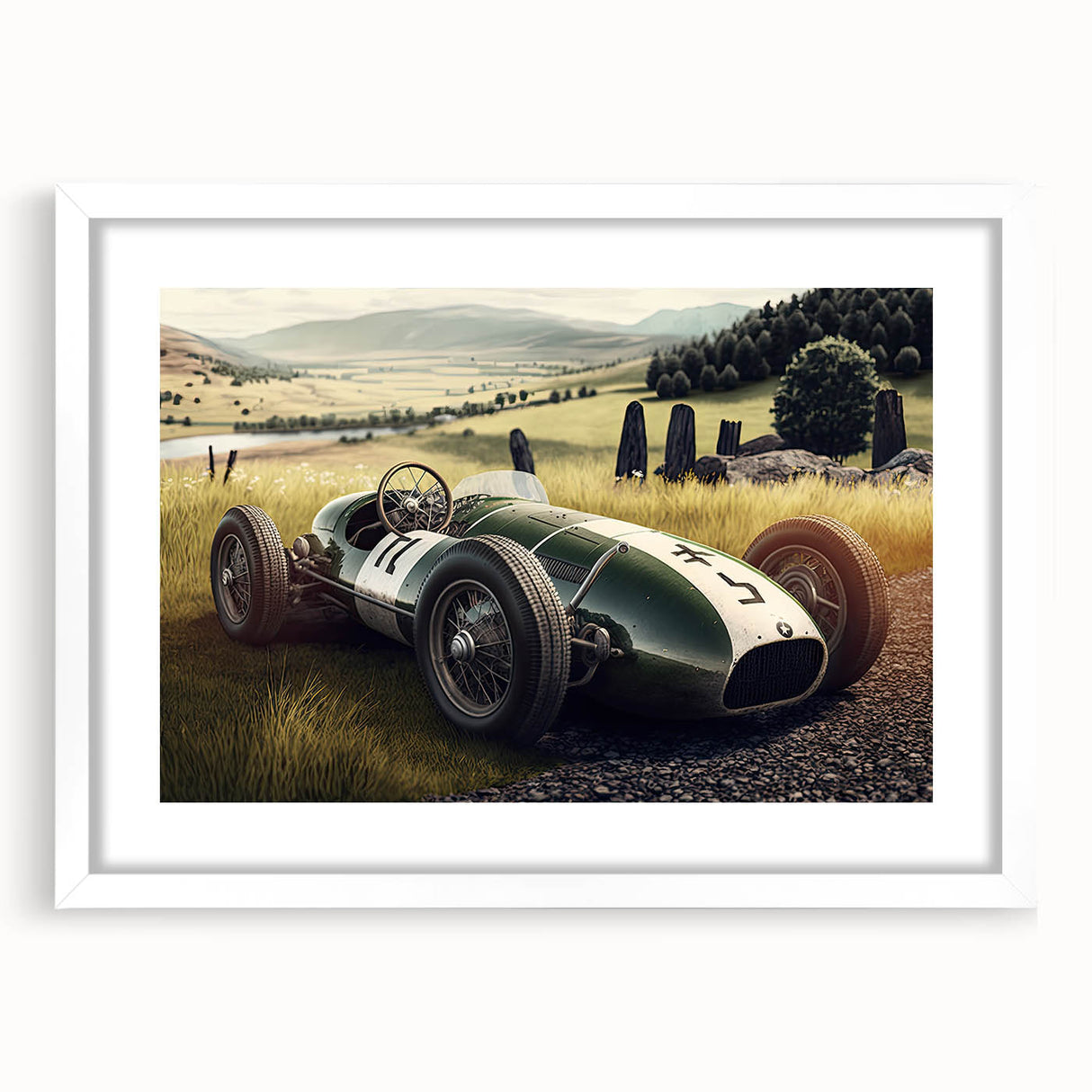Abstract art print of race cars in motion, using dynamic blue and red tones on a white framed canvas.