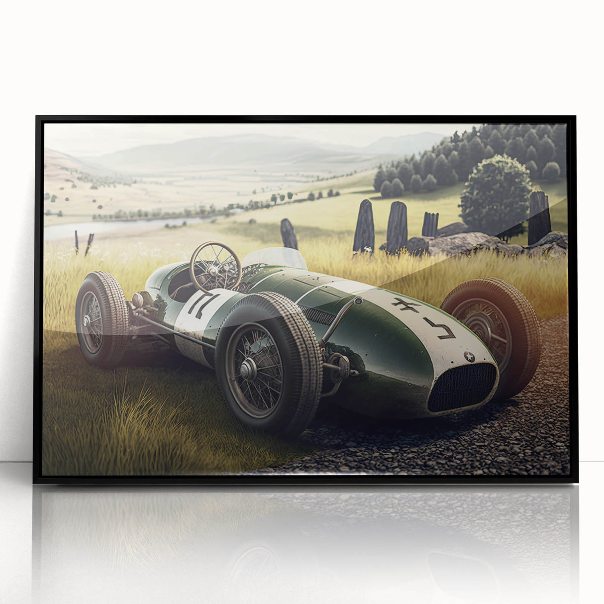 Large abstract wall art featuring a collection of mid-century modernist race cars in vibrant colors on a black acrylic frame.