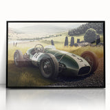 Large abstract wall art featuring a collection of mid-century modernist race cars in vibrant colors on a black acrylic frame.