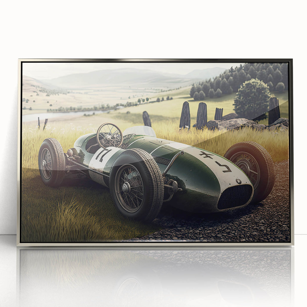 Mid-century modernist art depicting race cars in vibrant colors on a silver-framed acrylic, ideal for nursery wall art.