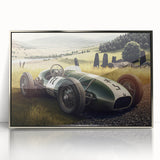 Mid-century modernist art depicting race cars in vibrant colors on a silver-framed acrylic, ideal for nursery wall art.