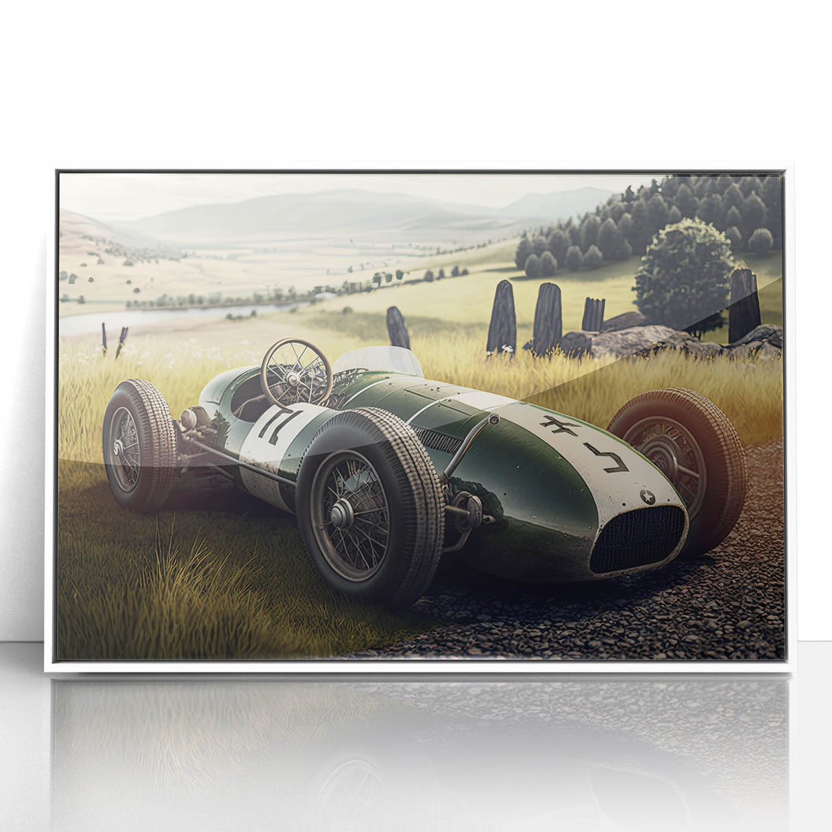 Art deco poster featuring race cars in vibrant red and blue tones on white acrylic.