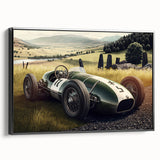 Black and white framed canvas of vintage race cars in motion, ideal for bedroom wall art.