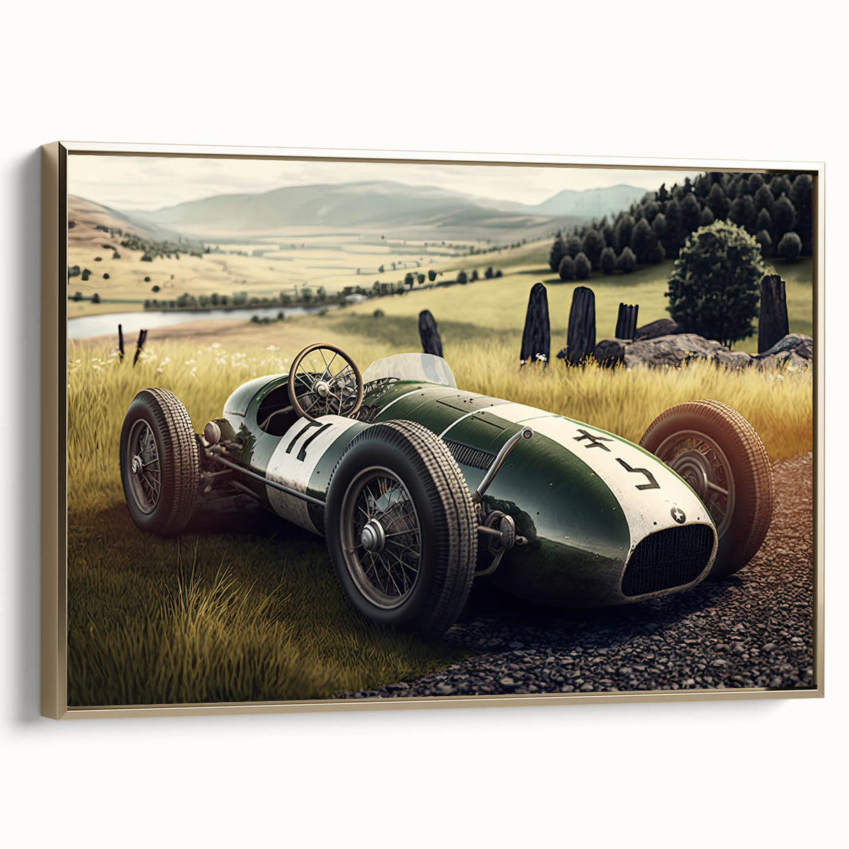 Framed canvas depicting a side view of vintage race cars in black, ideal for bedroom wall art.