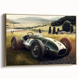 Framed canvas depicting a side view of vintage race cars in black, ideal for bedroom wall art.