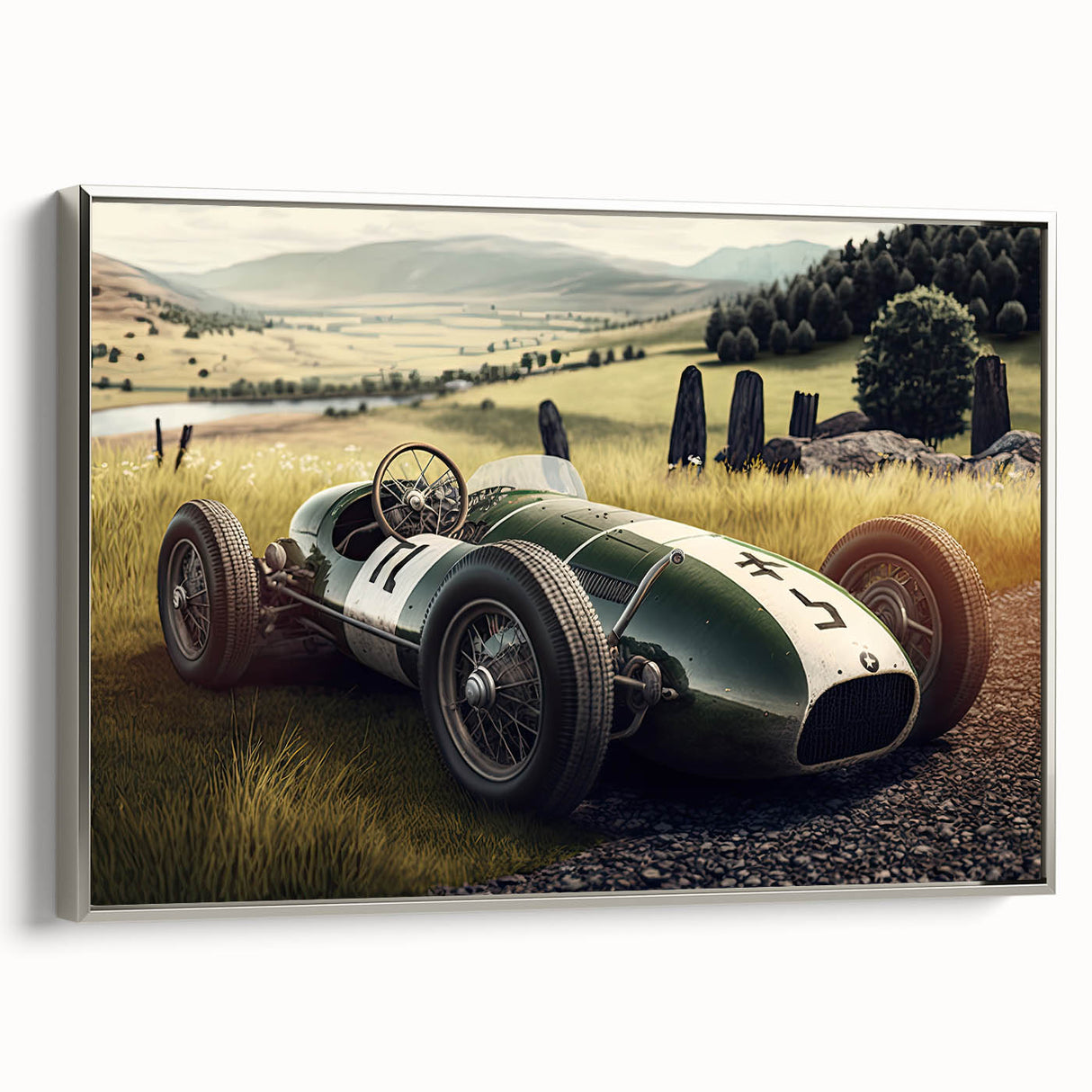Framed canvas featuring a side view of vintage race cars in black with colorful detailing.