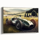 Framed canvas featuring a side view of vintage race cars in black with colorful detailing.