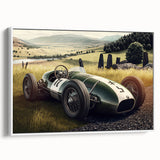 Vintage poster art of colorful race cars on a black background, framed canvas, ideal for living room decor.