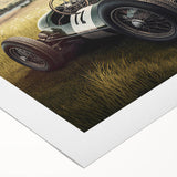 Art deco poster of race cars in vivid red and blue, printed on rolled canvas, suitable for dining room wall art.