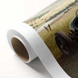 Art deco poster of race cars in muted colors on rolled canvas, ideal for nursery wall art or dining room decor.