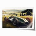 Rolled print of a vibrant race car scene, vivid in red and blue, ideal for art wall dining room or a classy bathroom setting.
