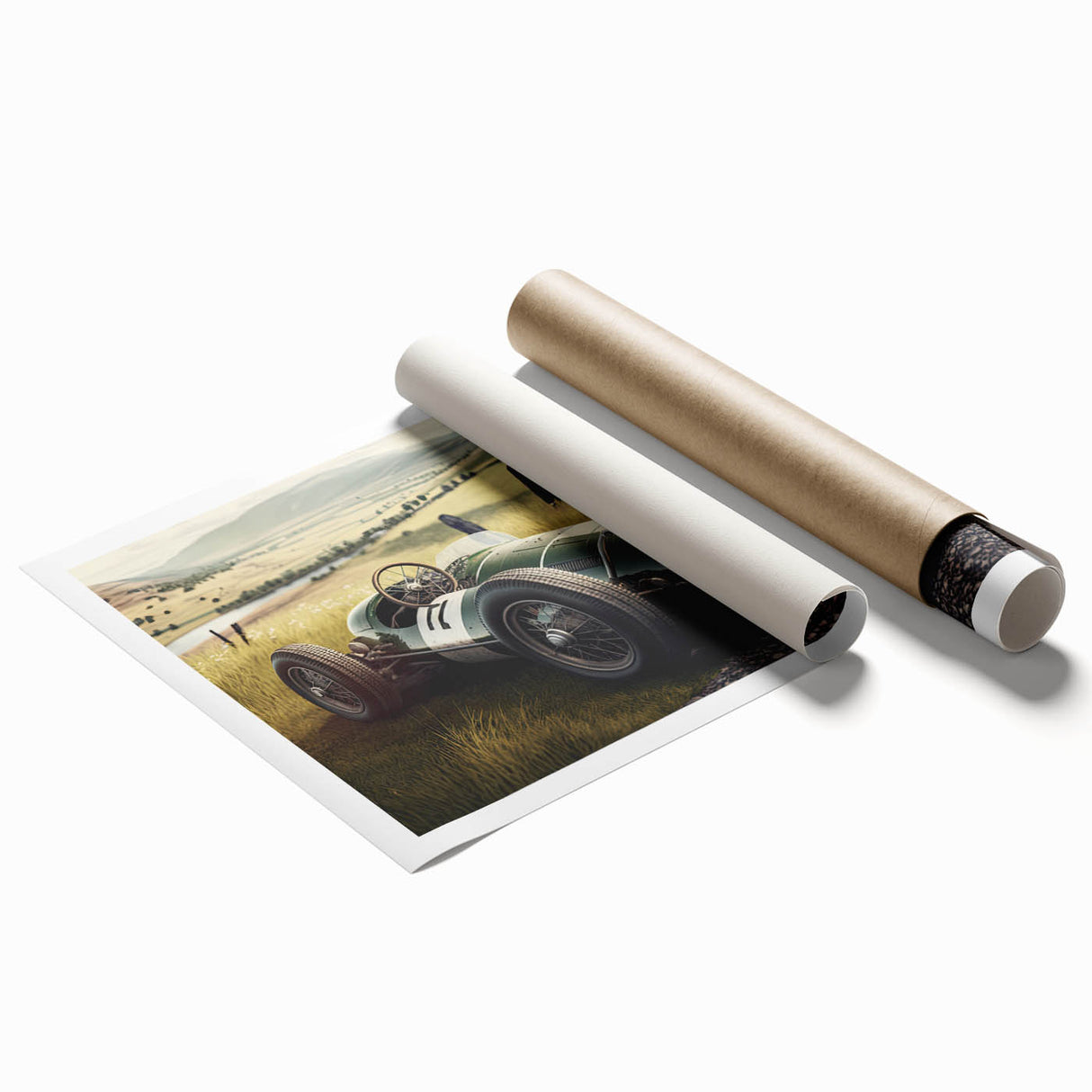Extra large rolled print depicting a race car in motion, with a palette of vibrant red and sleek gray.