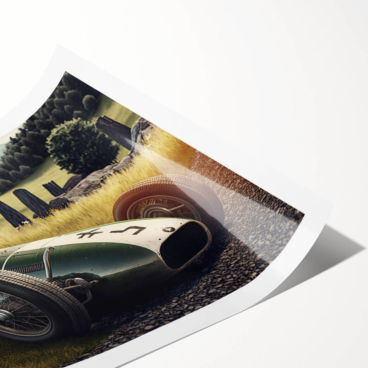 Extra large wall art featuring a dynamic race car scene in vibrant colors on a rolled print.