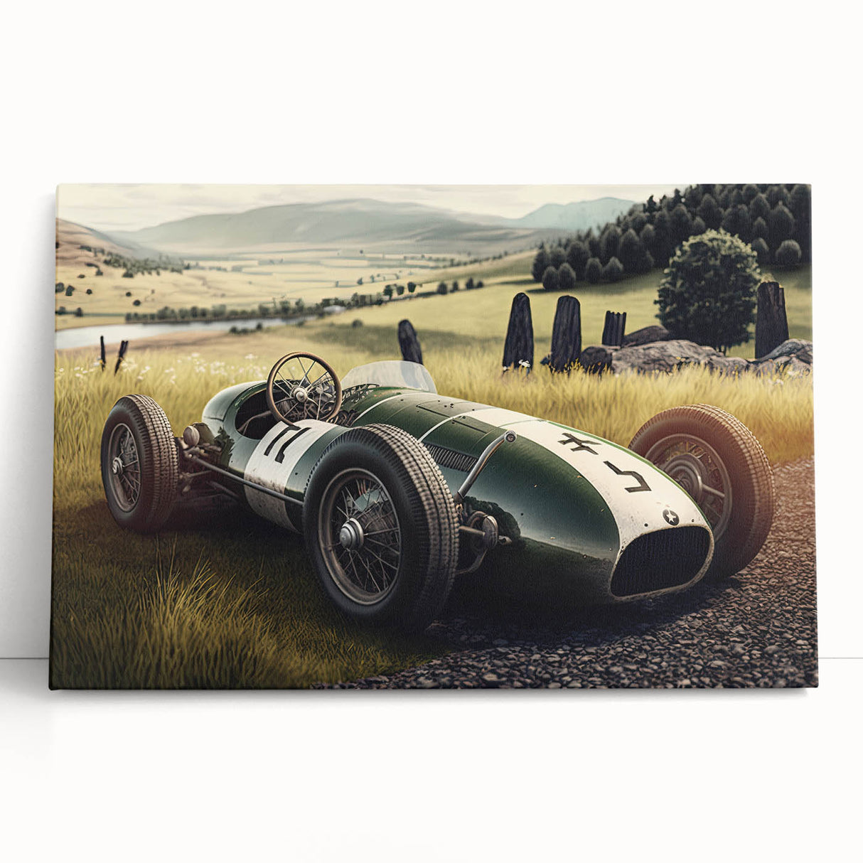 Black and white photo of race cars on a track, printed on large stretched canvas, suitable for kitchen wall art.