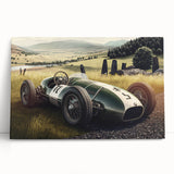 Black and white photo of race cars on a track, printed on large stretched canvas, suitable for kitchen wall art.