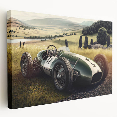Side view of race cars in motion on a stretched canvas, featuring vivid primary colors, ideal for kitchen wall art.