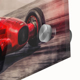 Acrylic print of abstract race cars in vivid colors, ideal for dining room art in a mid-century modernist style.