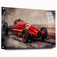 Acrylic print of race cars in motion, using dynamic, bold colors, suitable as large bedroom or dining room art.