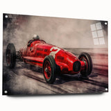 Acrylic print of race cars in motion, using dynamic, bold colors, suitable as large bedroom or dining room art.