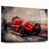 Acrylic print of race cars in motion, using vivid red and blue tones, suitable for modern bedroom or dining room decor.