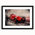 Colorful abstract art print of race cars, in a black frame with mat, ideal for extra large living room wall art.