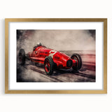 Extra large abstract art print of race cars in motion, using vibrant red and blue tones on a gold framed canvas.
