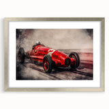 Abstract art print of race cars in motion, using textured, vibrant colors on a silver-framed canvas, ideal for bedroom art.