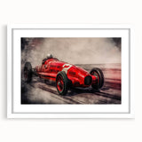 Abstract art print of race cars in dynamic multicolor strokes on a white framed canvas.