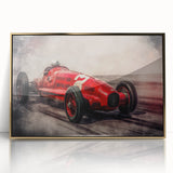 Mid-century modernist race cars in vibrant colors on a gold-framed acrylic print, ideal for nursery wall art.
