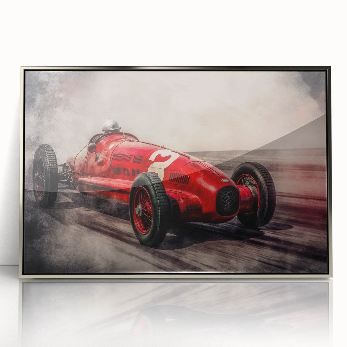 Mid-century modernist style race cars in muted colors on a framed acrylic print, suitable for nursery wall art.
