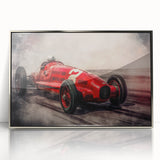 Mid-century modernist style race cars in muted colors on a framed acrylic print, suitable for nursery wall art.