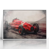 Art deco poster of race cars in motion, using a palette of black, white, and gray on acrylic in a white frame.