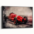 Vintage poster art of race cars on a landscape, printed on black framed canvas, suitable for bedroom wall decor.