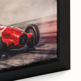 Close-up of a framed canvas featuring a race car in vibrant colors on a black background, ideal for living room decor.