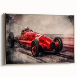 Black and white framed canvas featuring vintage race cars in motion, ideal for bedroom wall decor.